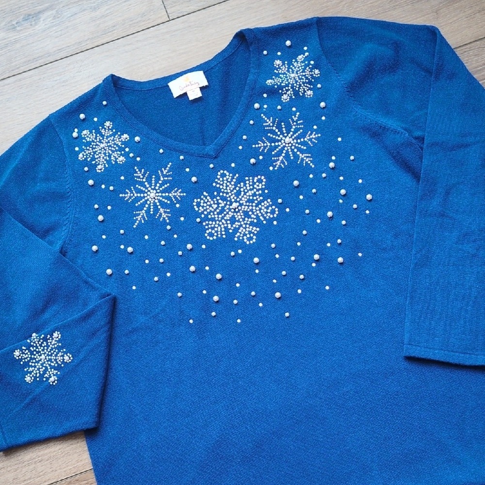 Vtg Quacker Factory Beaded Snowflake Sweater - Blue‎ White Holiday Christmas M
